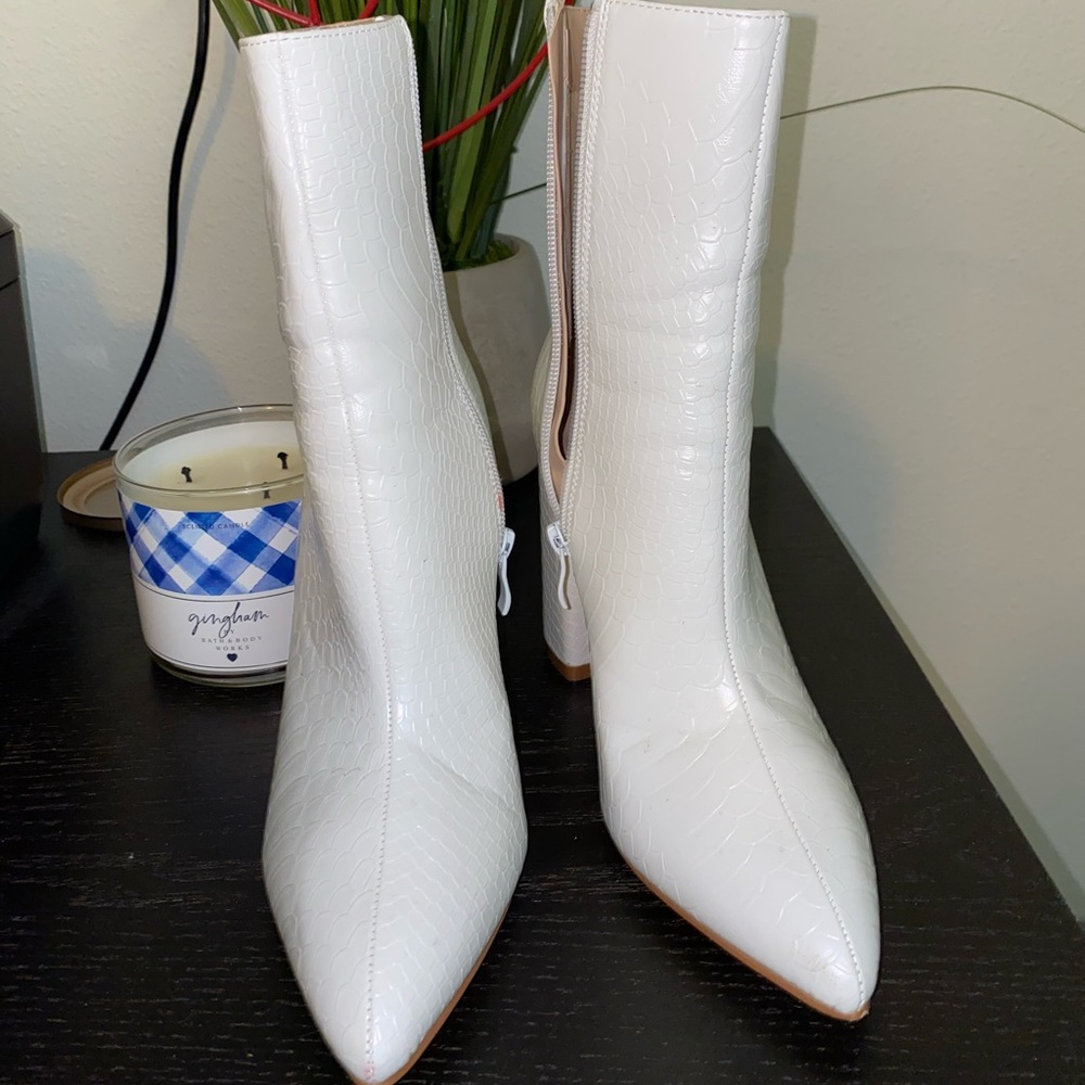 White Faux Snake Ankle Boots